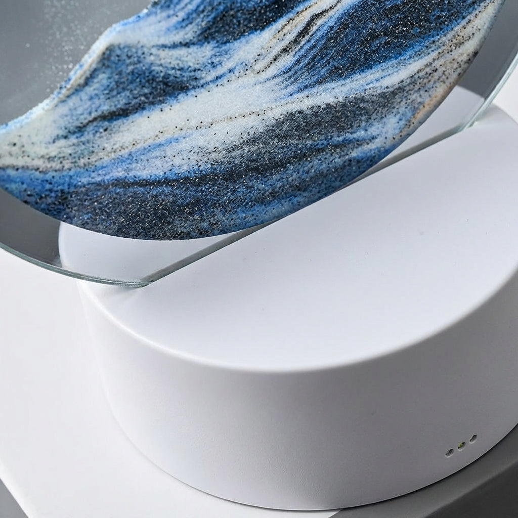 Modern circular sand art lamp with integrated LED base, creating a soothing light display, AquaDrift