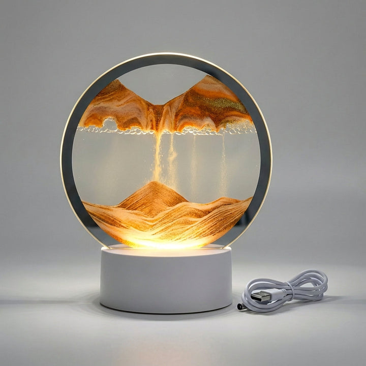 AquaDrift LED table lamp, a unisex modern circular sand art piece, offering ambient lighting and unique visual interest.