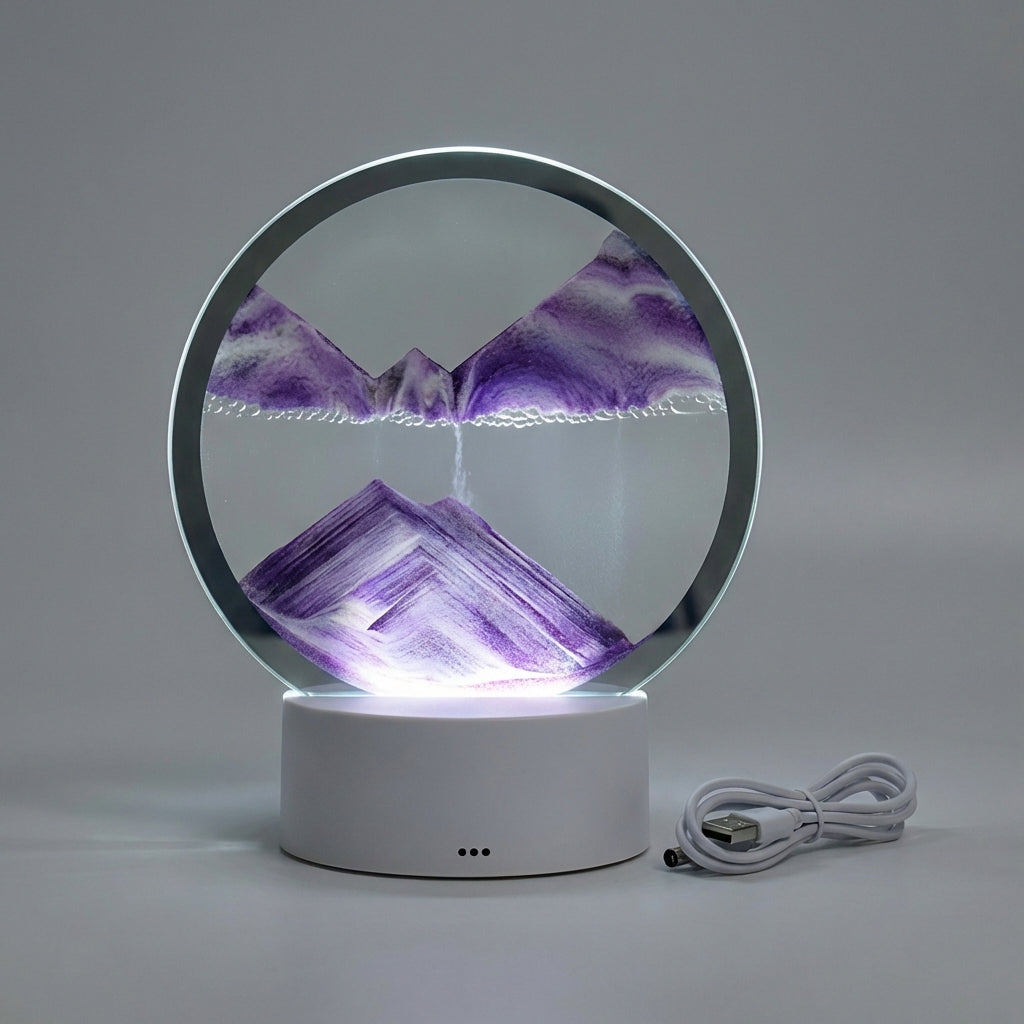 AquaDrift sand art lamp, a decorative LED lighting solution with flowing sand for a captivating and modern table lamp.