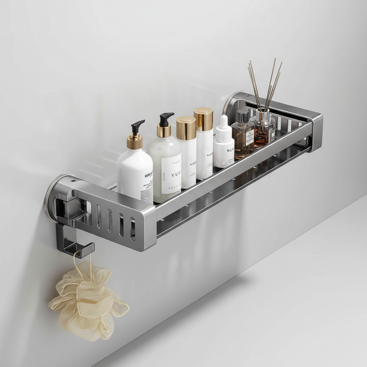 Wall-mounted AquaFixor shower caddy with strong suction, rust-proof aluminum shelf