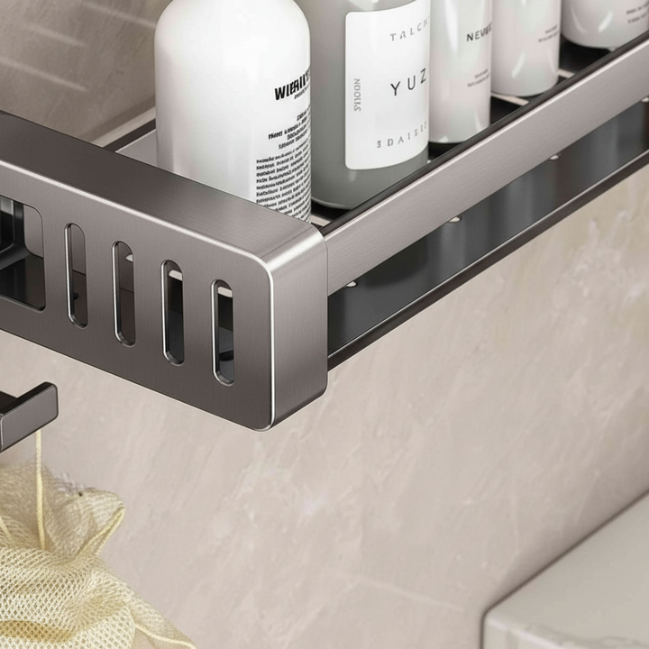 AquaFixor bathroom shelf, no-drill installation, sleek aluminum design for showers