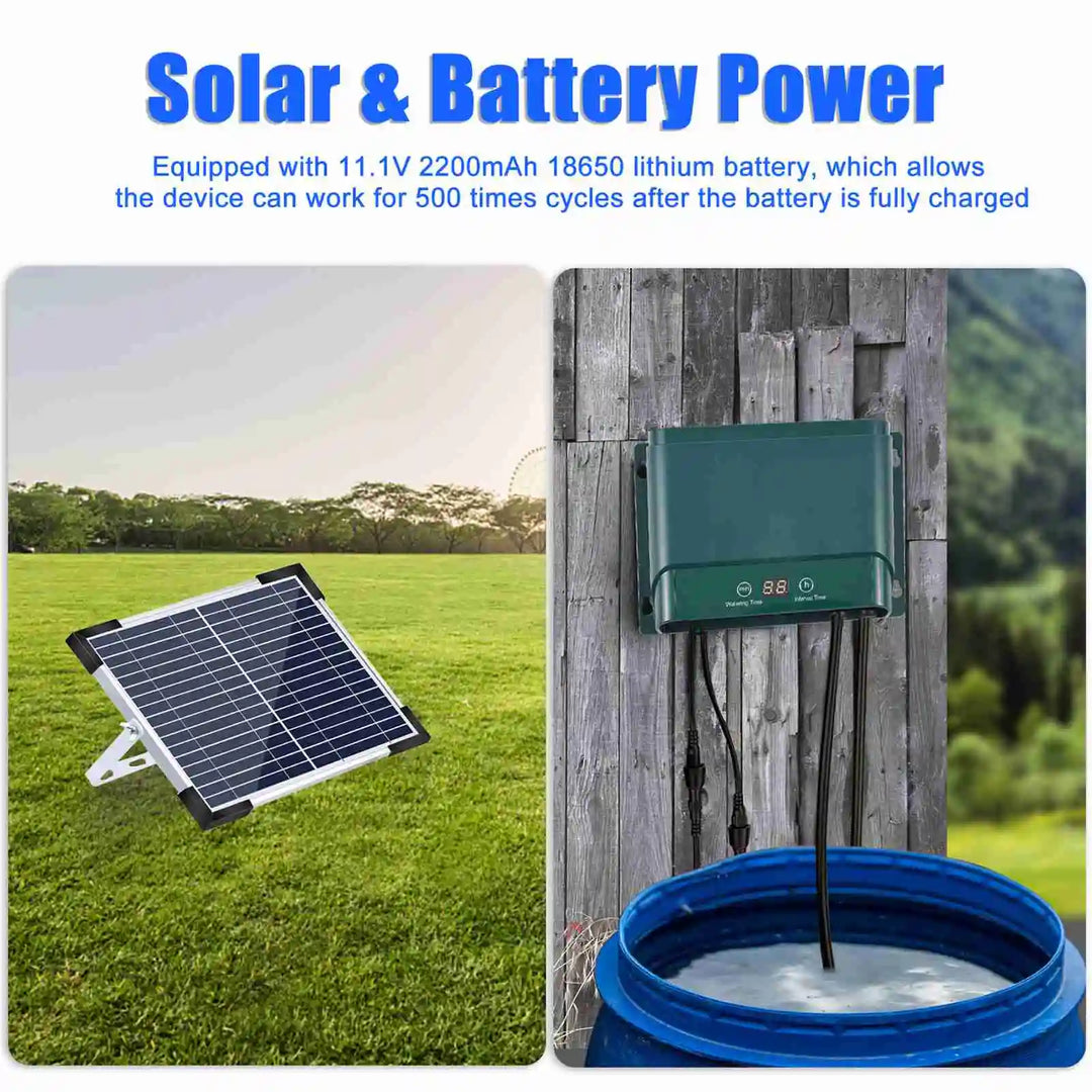 Close-up of AquaFlow solar panel powering the automatic drip irrigation system for garden care