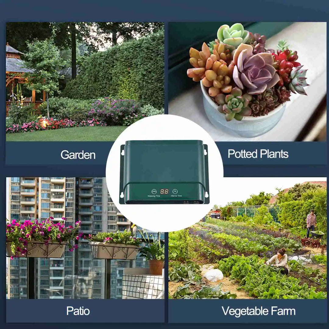 Detailed view of AquaFlow controller with 30 modes & 7 timers for eco-friendly plant watering