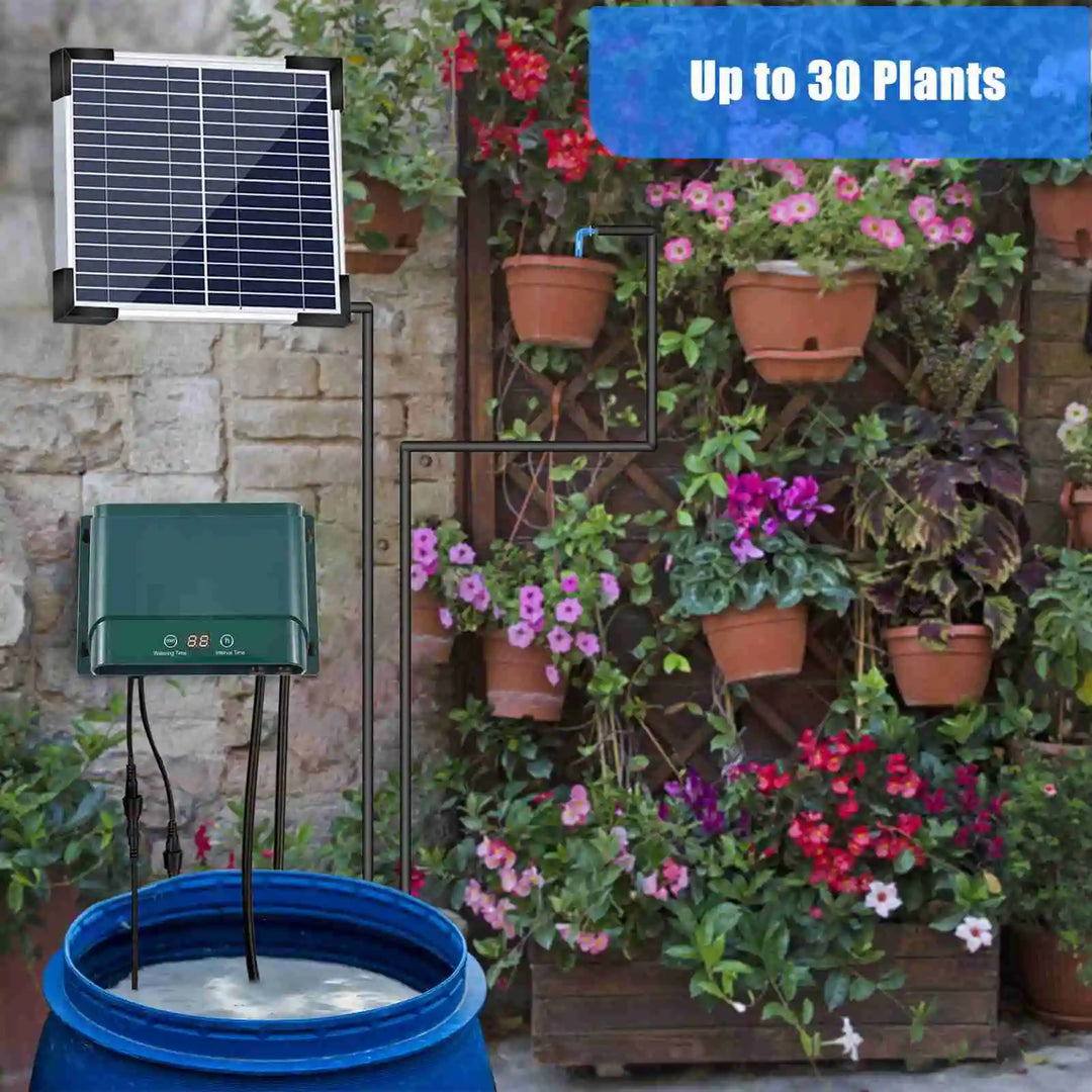 AquaFlow automatic drip irrigation system tubing with emitters watering a balcony garden