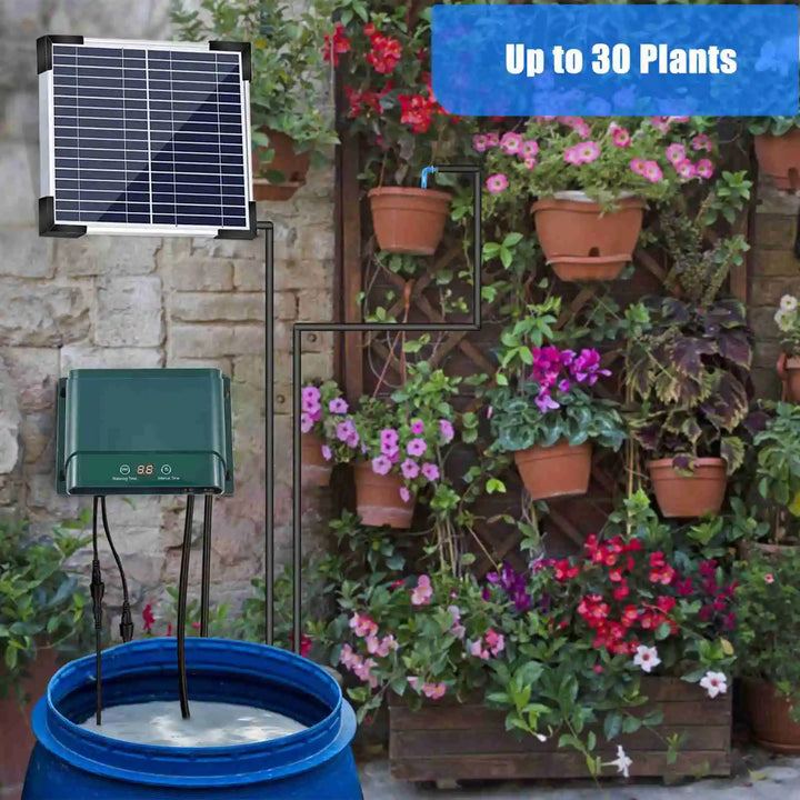 AquaFlow automatic drip irrigation system tubing with emitters watering a balcony garden