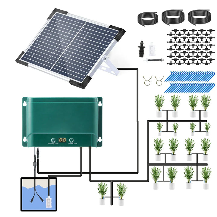 Complete AquaFlow solar drip irrigation kit showing all components for easy installation & use