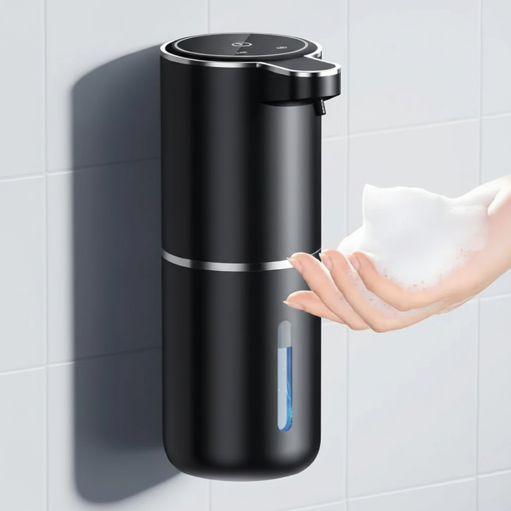 AquaFoamer rechargeable foam soap dispenser in a modern kitchen setting, promoting hygiene