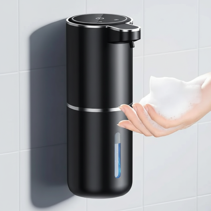 AquaFoamer rechargeable foam soap dispenser in a modern kitchen setting, promoting hygiene