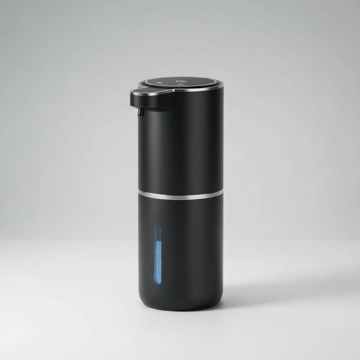 Side view of AquaFoamer touchless foam dispenser, showing compact size and easy refill opening