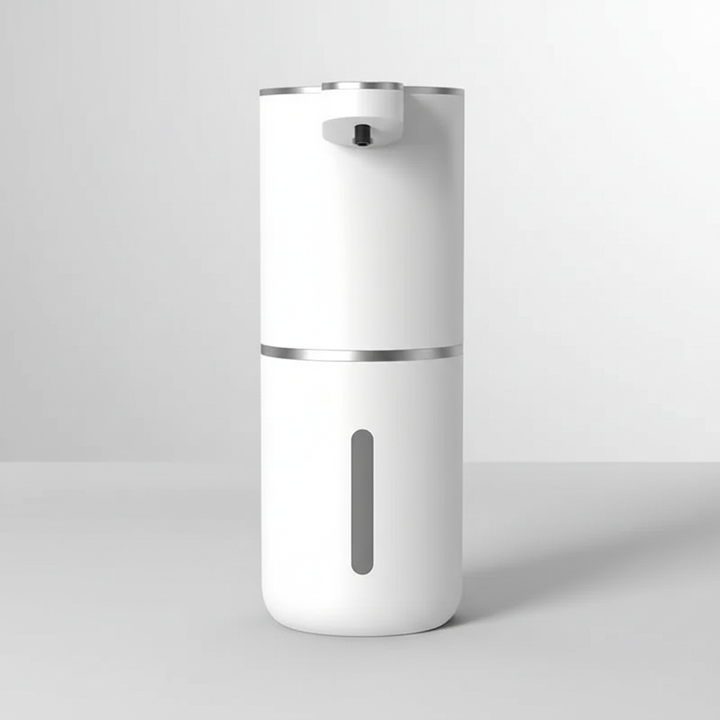 Hand using the AquaFoamer automatic foam soap dispenser, highlighting touchless operation and rich foam