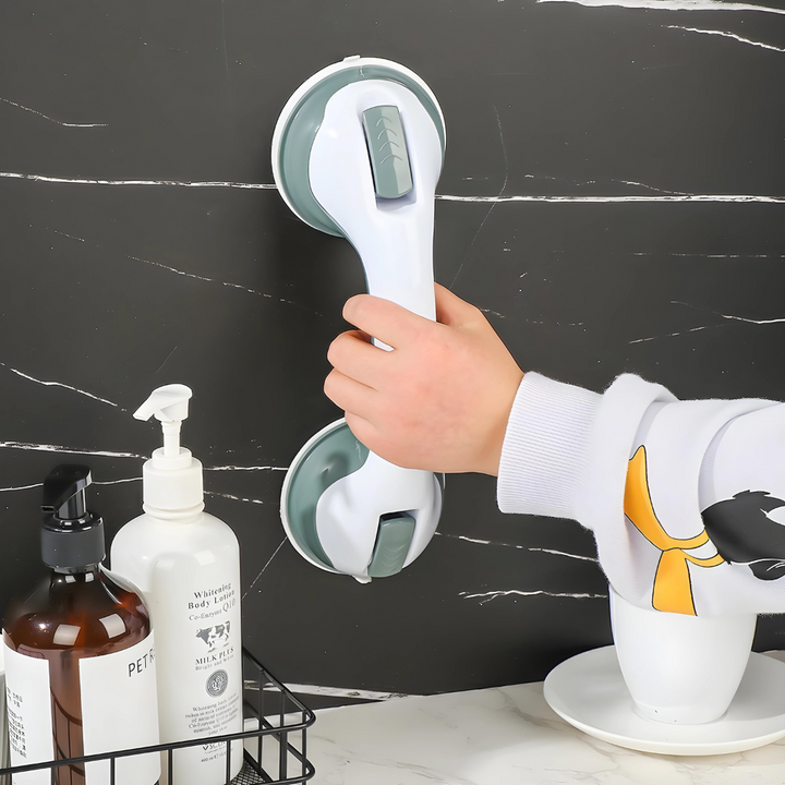 Easy-install AquaGrip suction cup grab bar for bathroom safety. Provides strong, portable support in showers & baths.