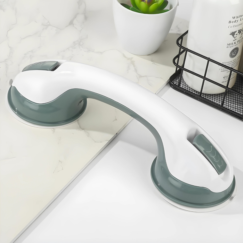 Secure bathroom support with AquaGrip suction grab bar for elderly. Enhances home safety and mobility in bath & shower.