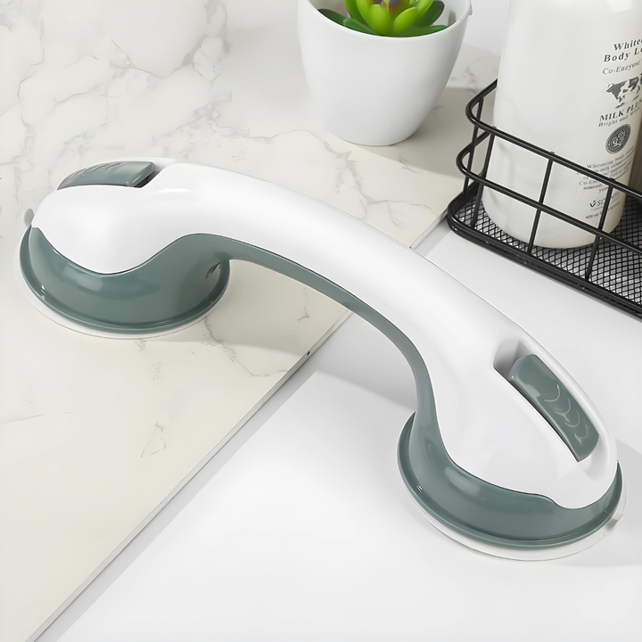 Secure bathroom support with AquaGrip suction grab bar for elderly. Enhances home safety and mobility in bath & shower.