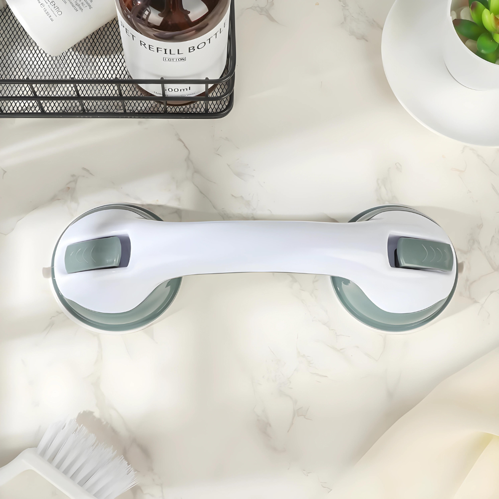 Durable AquaGrip bathroom grab bar with strong suction cups. Essential home safety support for showers & baths.