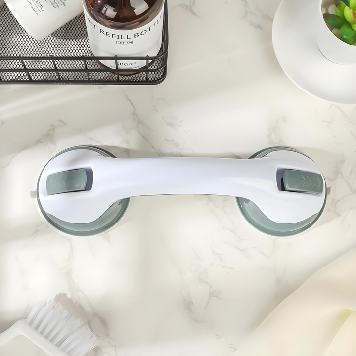 Durable AquaGrip bathroom grab bar with strong suction cups. Essential home safety support for showers & baths.