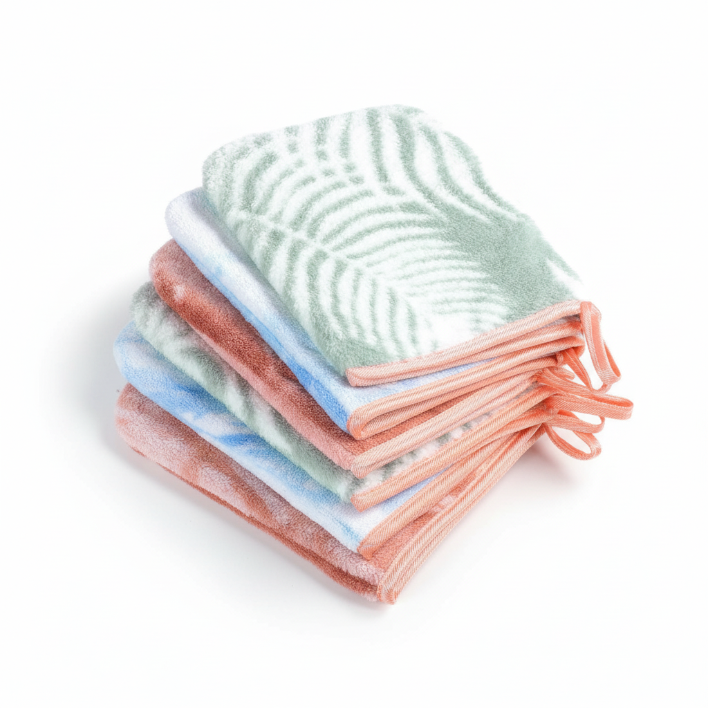 Detail of a single AquaJoy coral fleece wash mitt, highlighting its softness and texture