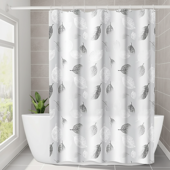 AquaLeaf light shower curtain with subtle leaf pattern and included hooks for bathroom decor