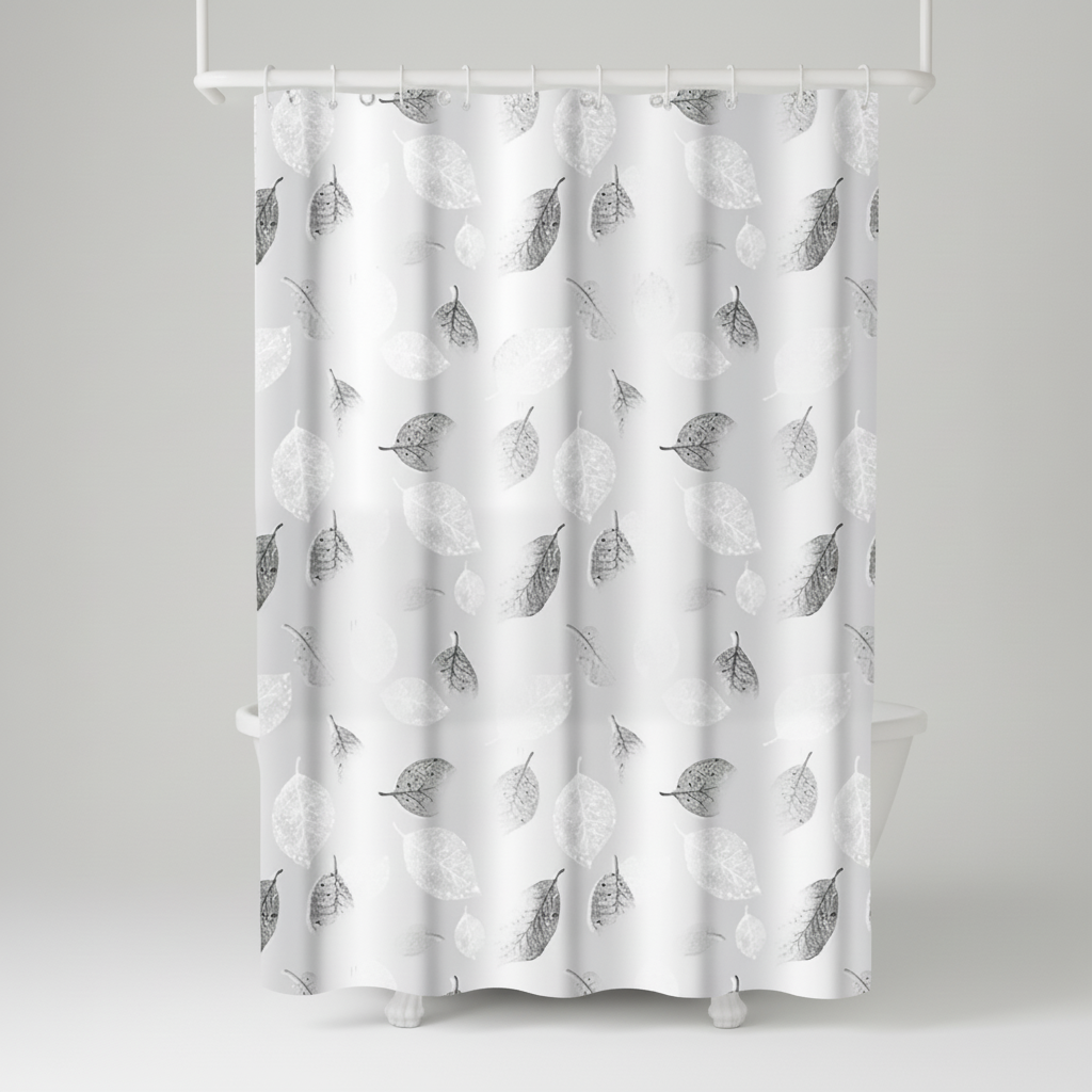 Packaging of AquaLeaf shower curtain with hooks, emphasizing lightweight and leaf pattern