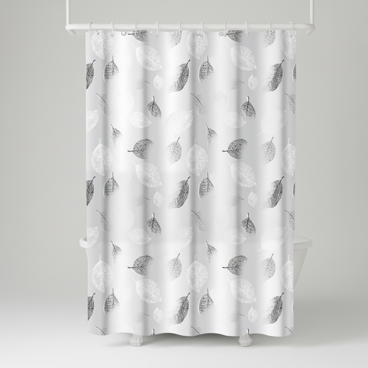 Packaging of AquaLeaf shower curtain with hooks, emphasizing lightweight and leaf pattern