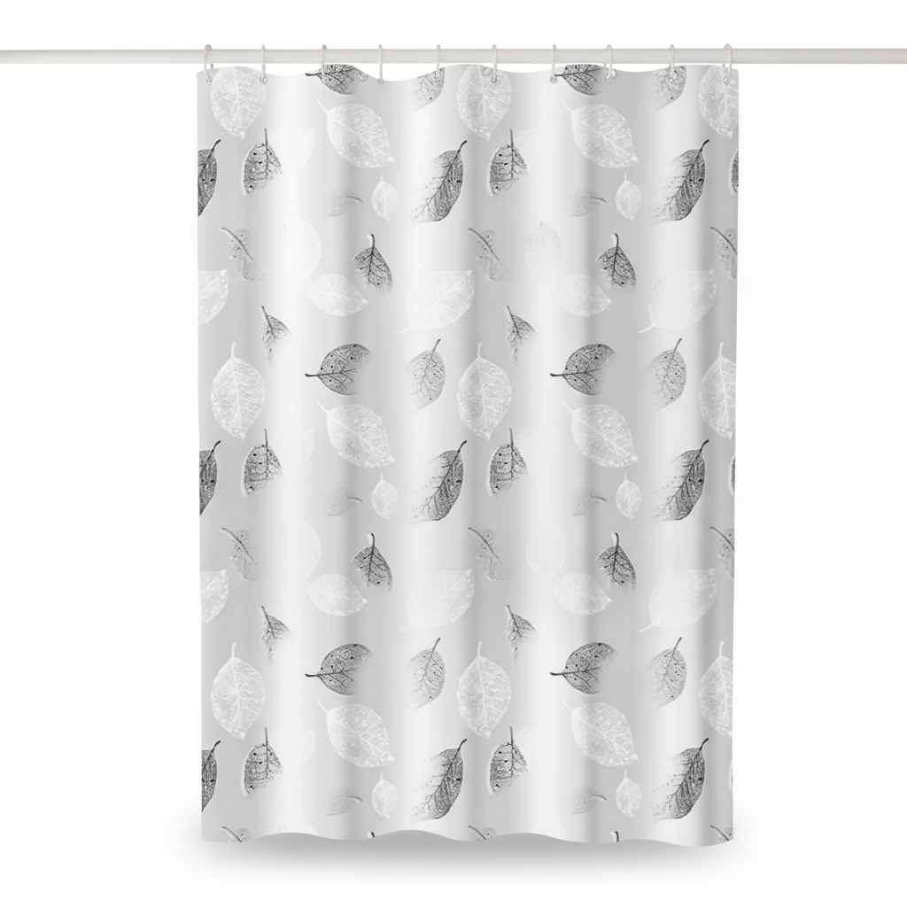 Full view of AquaLeaf shower curtain, elegant leaf design, enhancing bathroom decor