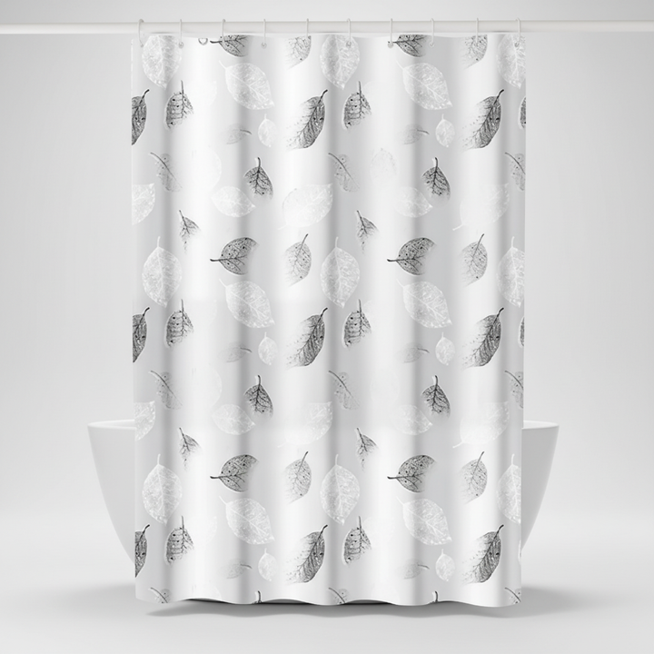Transparent AquaLeaf shower curtain showcasing elegant leaf design, water repellent for easy care