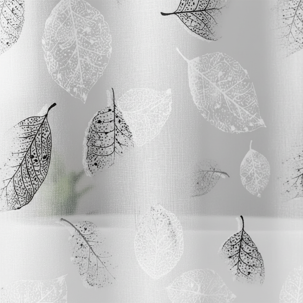 Lightweight AquaLeaf shower curtain for easy installation, featuring a clear leaf pattern