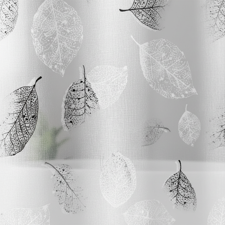 Lightweight AquaLeaf shower curtain for easy installation, featuring a clear leaf pattern