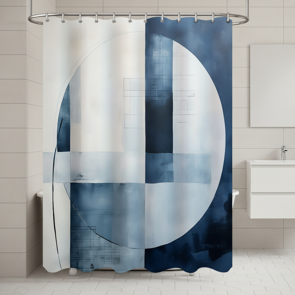 AquaLoom water-repellent polyester shower curtain with blue geometric pattern, enhancing bathroom decor.