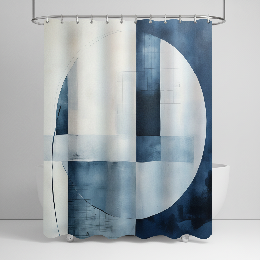 Easy-install AquaLoom shower curtain, water-repellent with a modern blue geometric design for bathrooms.