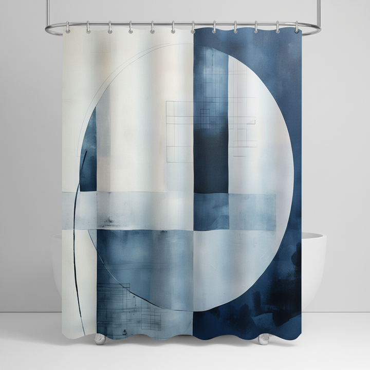 Easy-install AquaLoom shower curtain, water-repellent with a modern blue geometric design for bathrooms.
