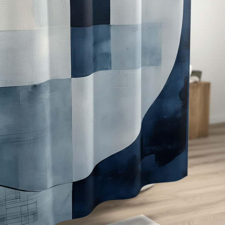 AquaLoom polyester shower curtain featuring an abstract blue geometric pattern, ideal for bathroom decor.