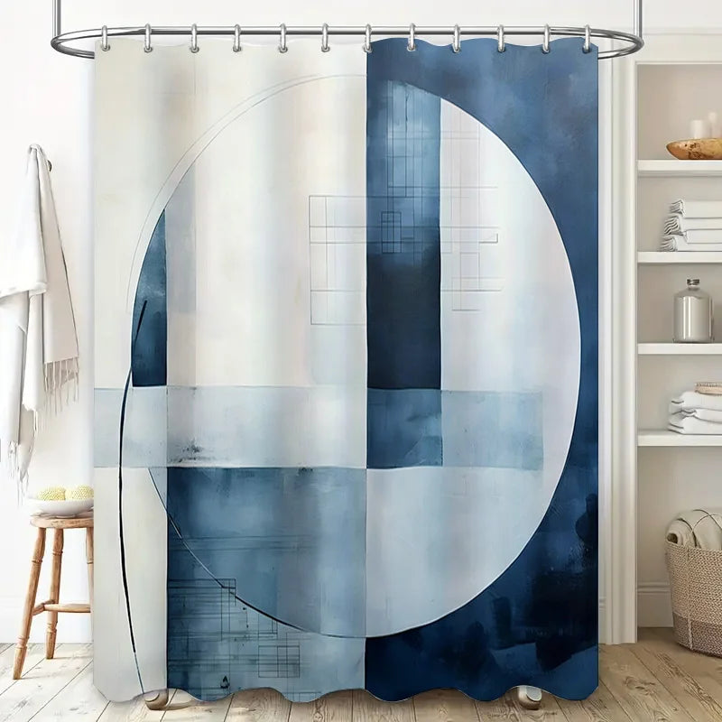Close-up of AquaLoom water-repellent shower curtain with a stylish blue geometric design for home bathrooms.