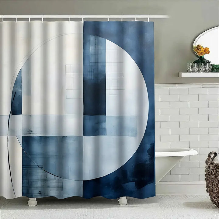 Unisex AquaLoom geometric shower curtain, water-repellent blue polyester, perfect for contemporary bathrooms.