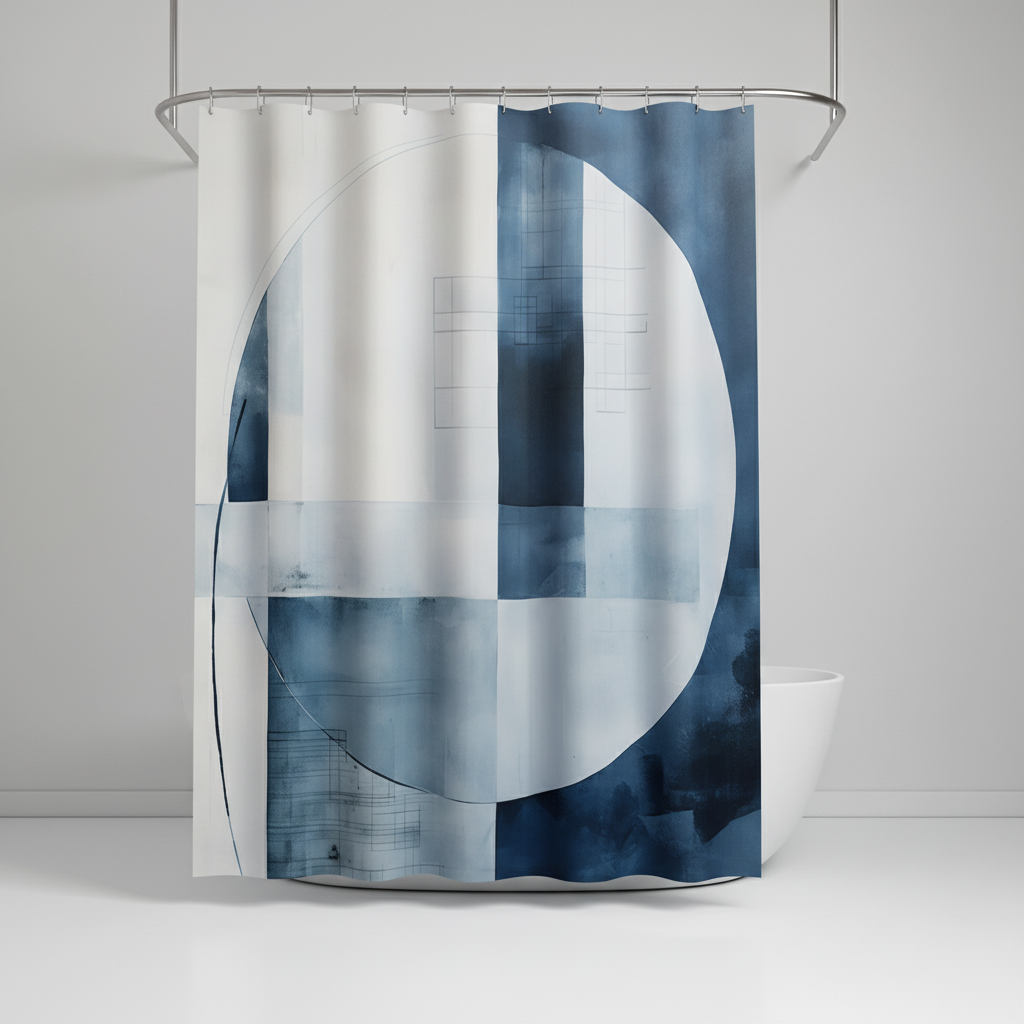 AquaLoom home goods polyester shower curtain, easy to clean, showcasing a vibrant blue geometric pattern.