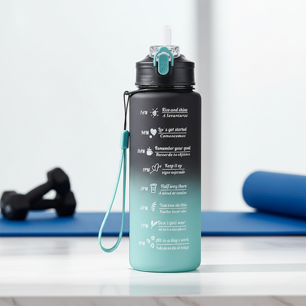 AquaPulse motivational water bottle with time markers, front view, in a gym setting, 'Stay Hydrated' visible.