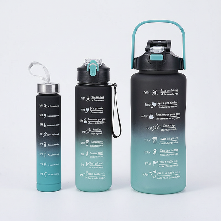 AquaPulse BPA-free water bottle with time markings on a clean background, highlighting its design.