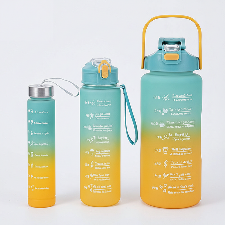 Motivational sports bottle, AquaPulse, showing measurement lines and 'Keep Sipping' for daily fitness.