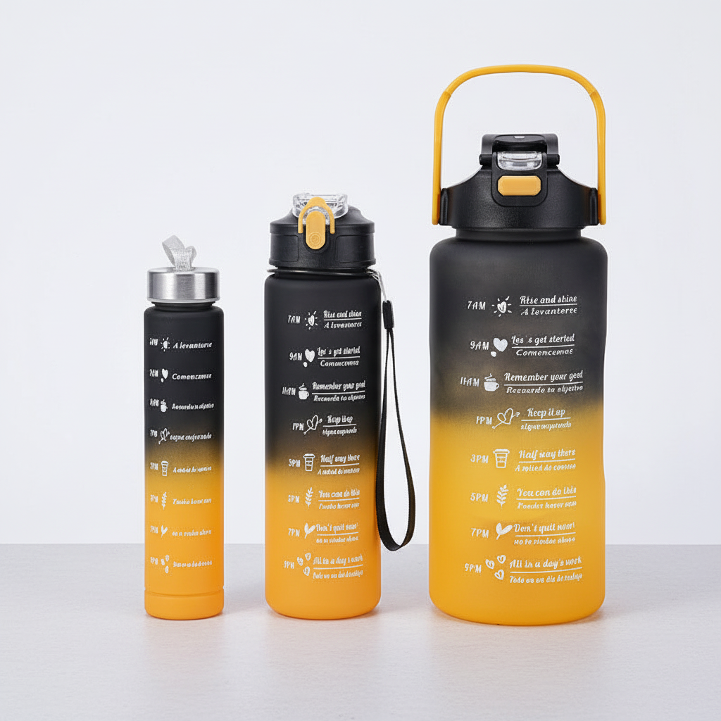 AquaPulse water bottle isolated, showcasing vibrant color and clear time markers for daily motivation.