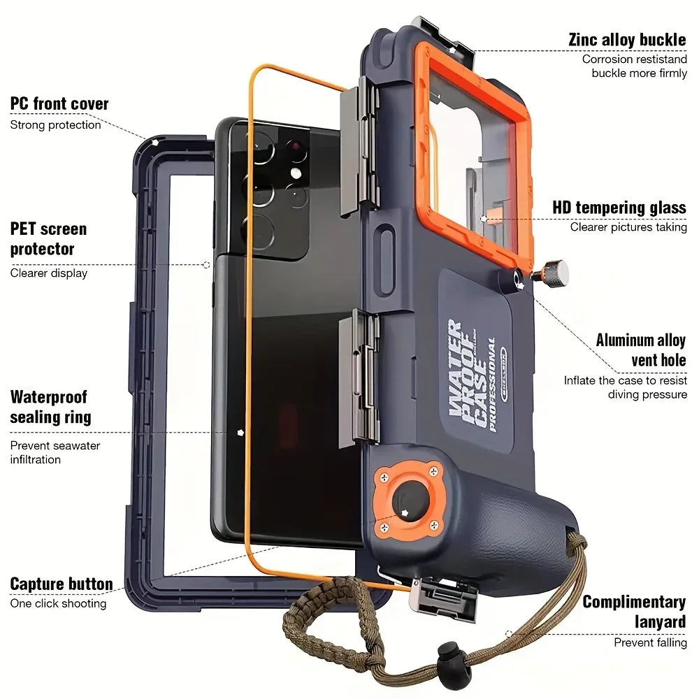 Underwater shot of a phone in an AquaShield waterproof case, showcasing 15m depth protection, perfect for diving
