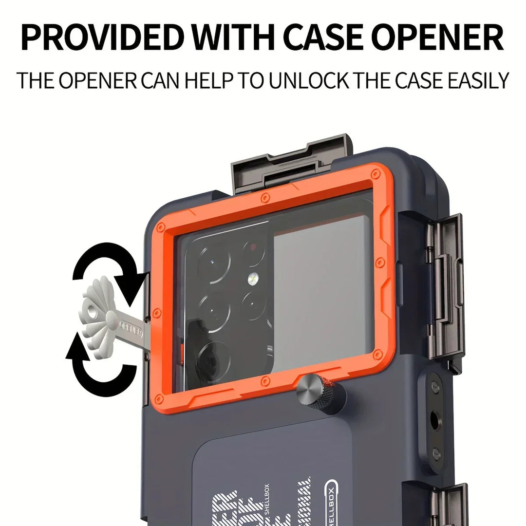 AquaShield waterproof phone case and lanyard on a sandy beach, ready for swimming and diving protection