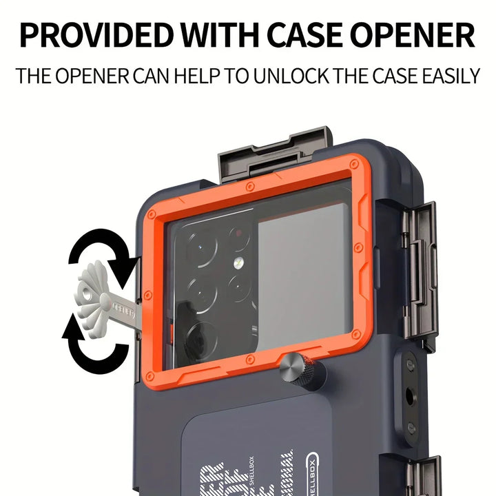 AquaShield waterproof phone case and lanyard on a sandy beach, ready for swimming and diving protection