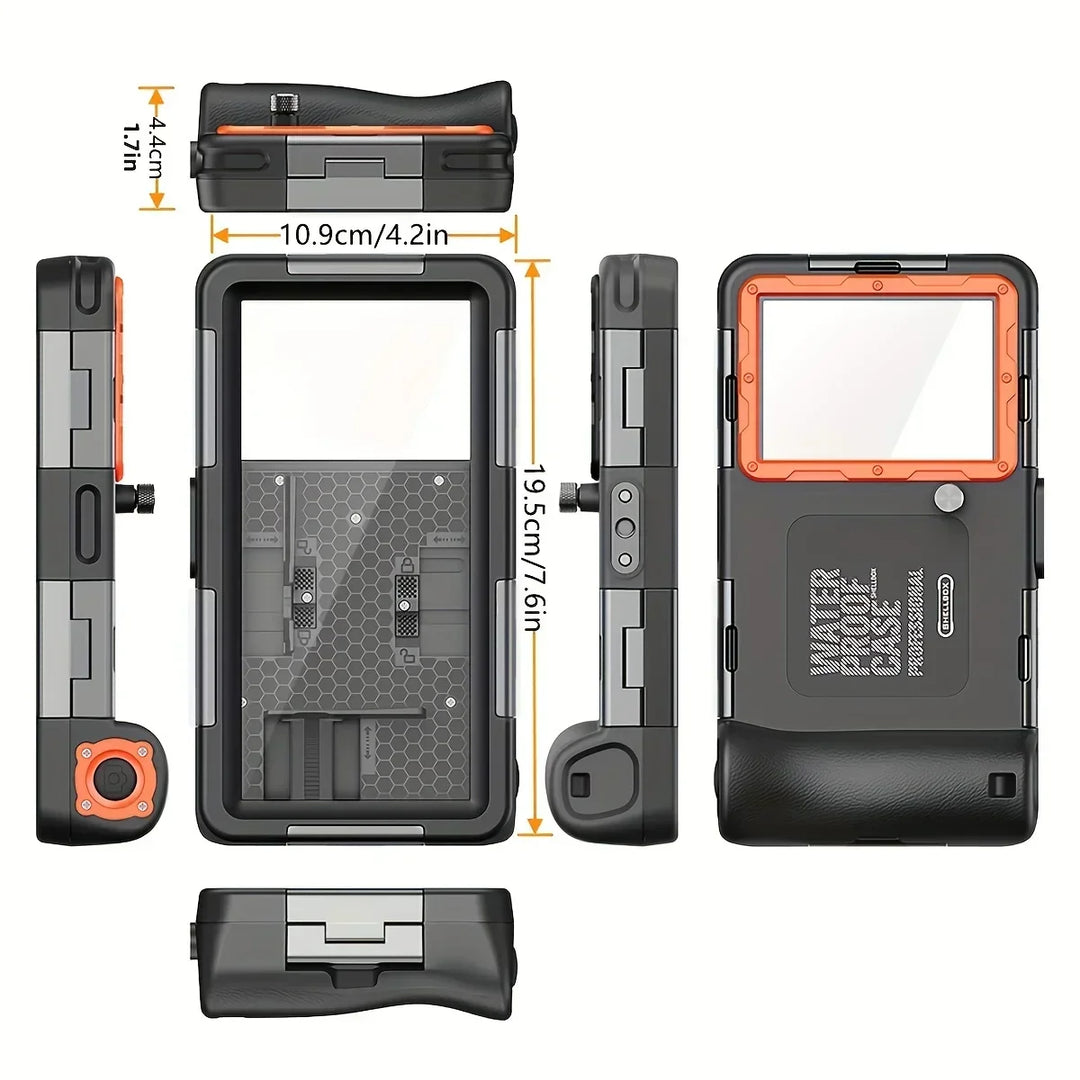 Tech accessory close-up: AquaShield universal waterproof diving phone case, ensuring phone safety up to 15m deep