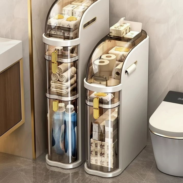 AquaShieldCart compact rolling storage cart in a bathroom, white plastic, 3-tier, for towels & toiletries.
