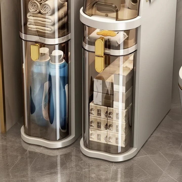 Details of AquaShieldCart shelving; durable white plastic rolling cart, perfect for a compact bathroom.