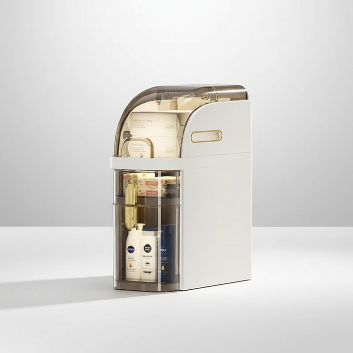 AquaShieldCart bathroom storage cart, slim design fitting between toilet and sink, holding bottles.
