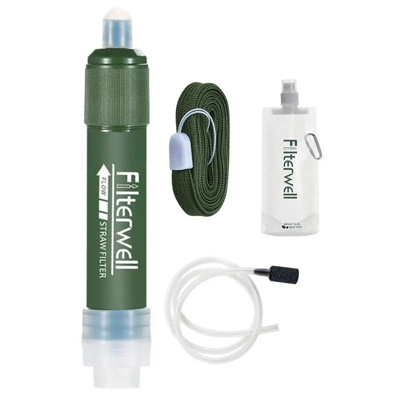 AquaSurvive portable emergency water filter for outdoor survival, hiking, camping, and backpacking.