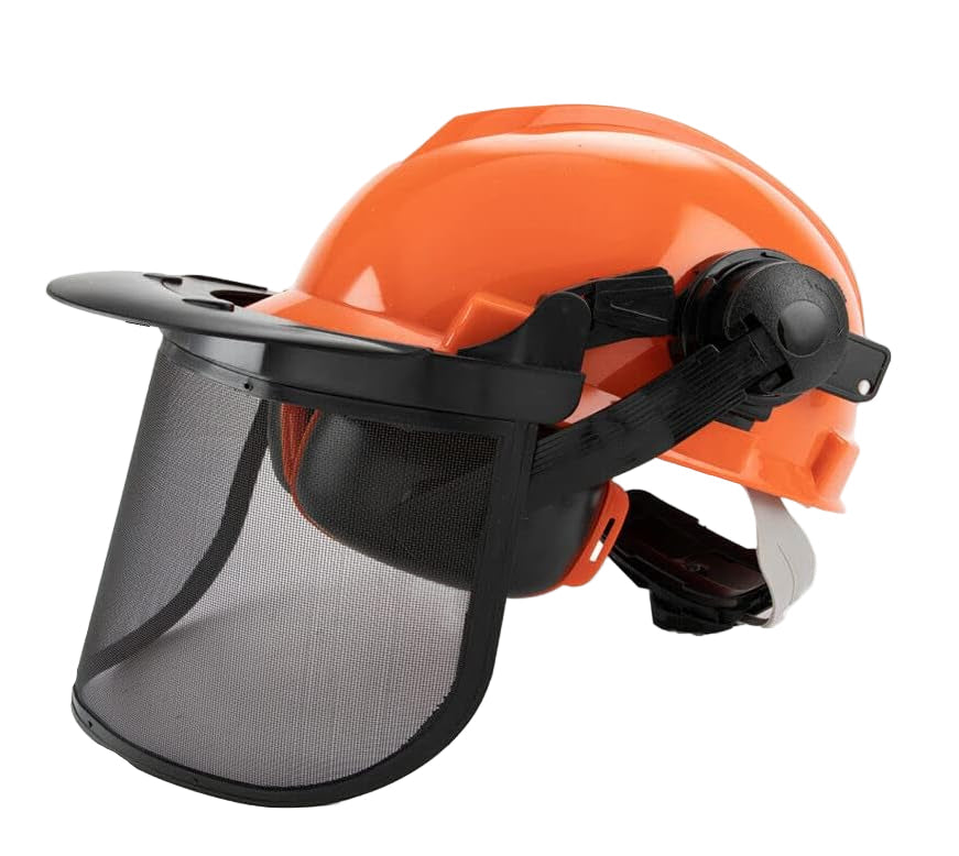 Green ArborMax unisex safety helmet with face shield & ear muffs, essential protective gear