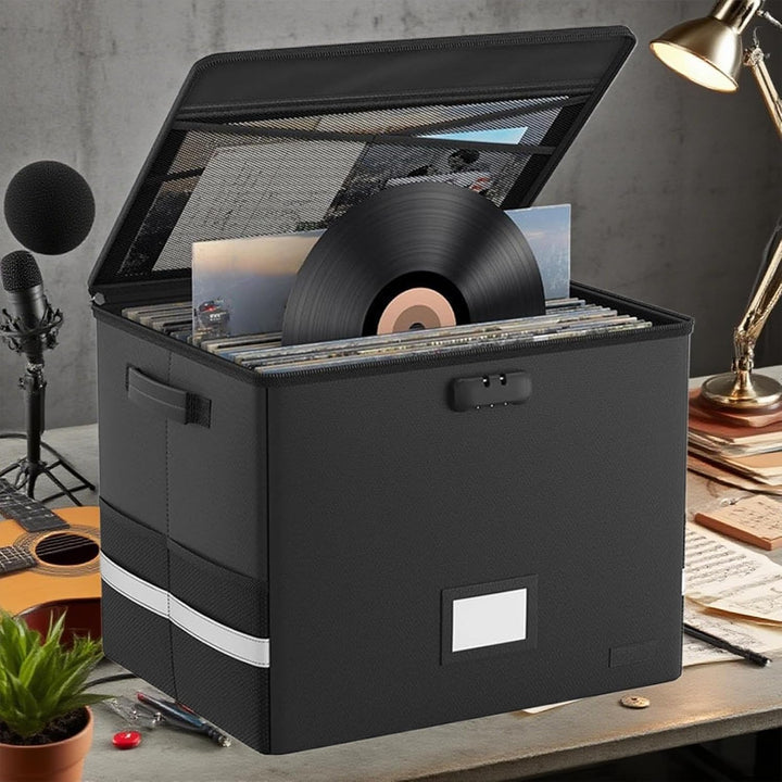 Arcion fireproof record storage case, waterproof organizer, open with vinyl records inside.