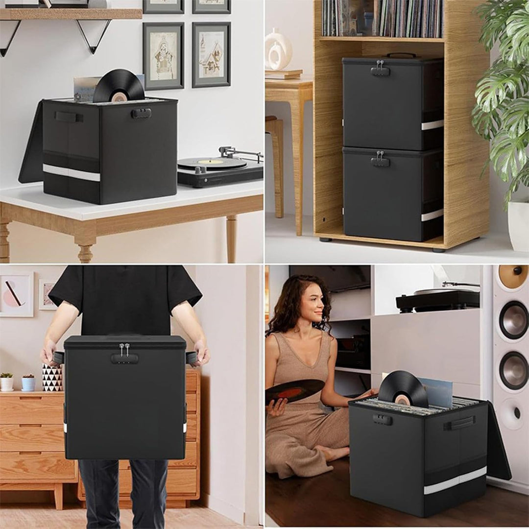 Waterproof Arcion fireproof record storage case for 150+ 12-inch records with secure latches.