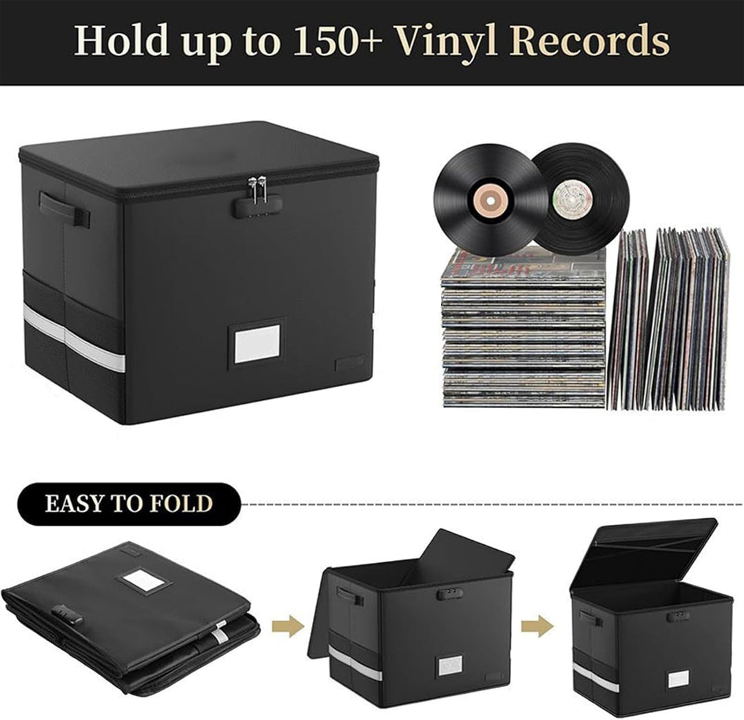 Angled view of Arcion fireproof waterproof vinyl record organizer for music accessories.